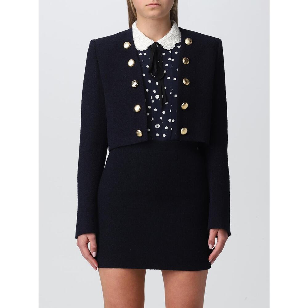 Alessandra Rich Crop Button Embellished Wool Blend Boucle Tweed Blazer - 8 Navy